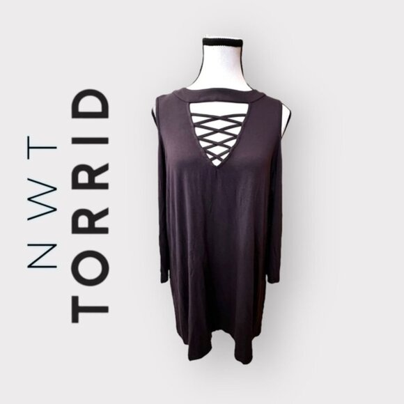 NWT Women’s Torrid Gray Super Soft V-Neck Lace-Up Cold Shoulder Long Sleeve 2 - Picture 2 of 14